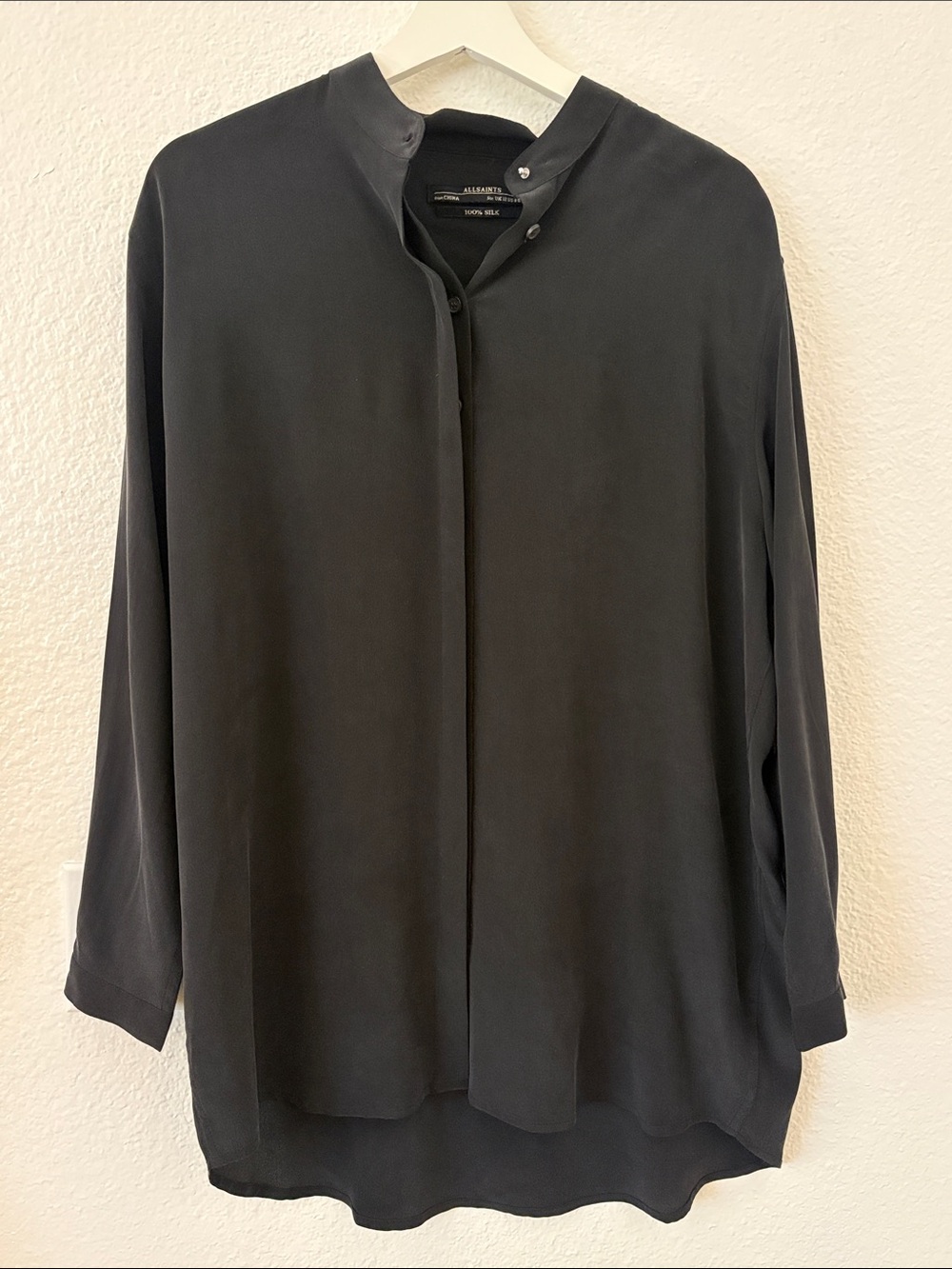 All Saints 100% Silk Black Mandarin Collar Blouse